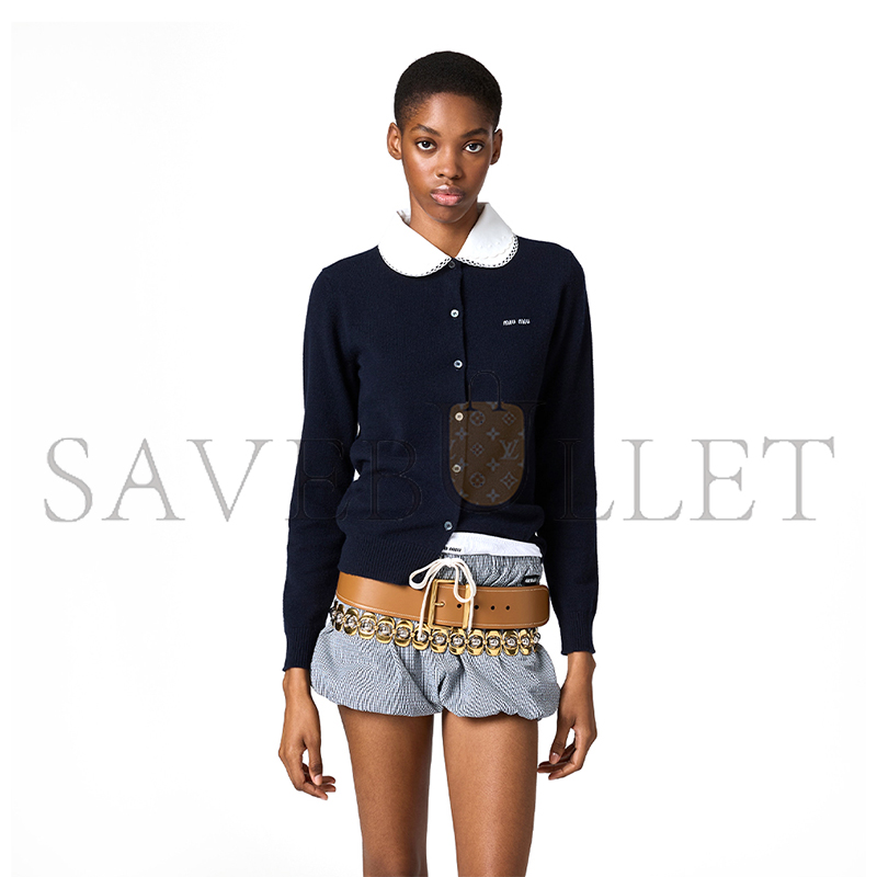 MIU MIU CASHMERE CARDIGAN WITH EMBROIDERED POPLIN COLLAR MMF01S